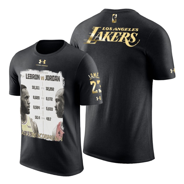 Men's Los Angeles Lakers LeBron James #23 NBA All-Time Scoring No.4 Career Scoring vs Jordan Caricature Black Basketball T-Shirt CPV4383EJ